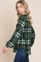 BOMBOM Curved Hem Plaid Round Neck Long Sleeve Top OutfitFlow
